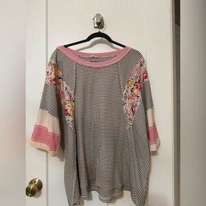 Easel Pink and Cream Striped Floral Long Sleeve Top